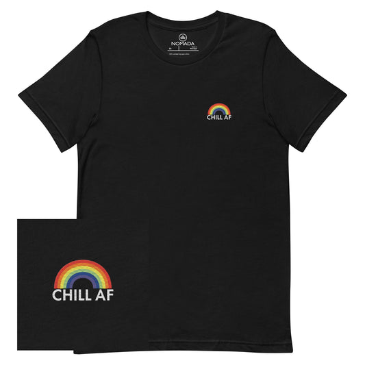 Nomada emoriodered tee, "Chill AF" text below a rainbow embroidered on the left chest, black colored shirt