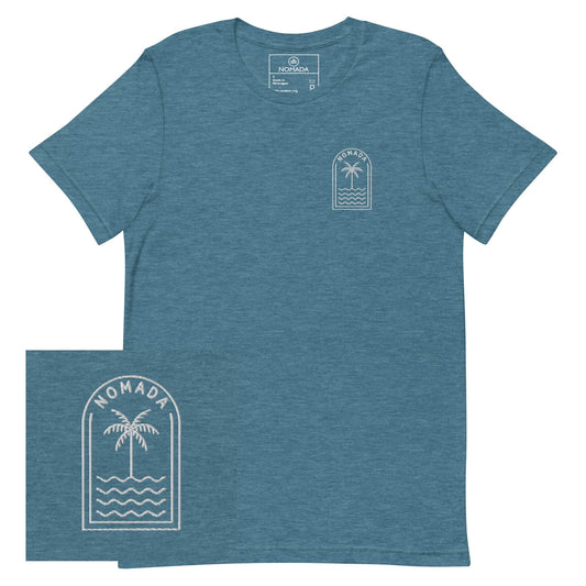 NOMADA Palm Tree Lines embroidered T-Shirt, Heather Deep Teal color shirt