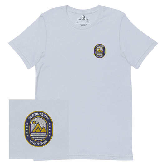 NOMADA Mountain & Sun Camper Patch embroidered T-shirt, Light Blue color shirt