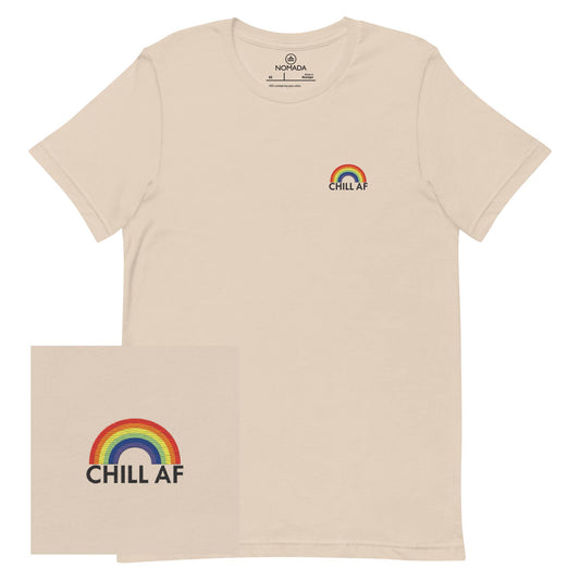 NOMADA Chill AF Rainbow embroidered t-shirt, Soft cream color shirt