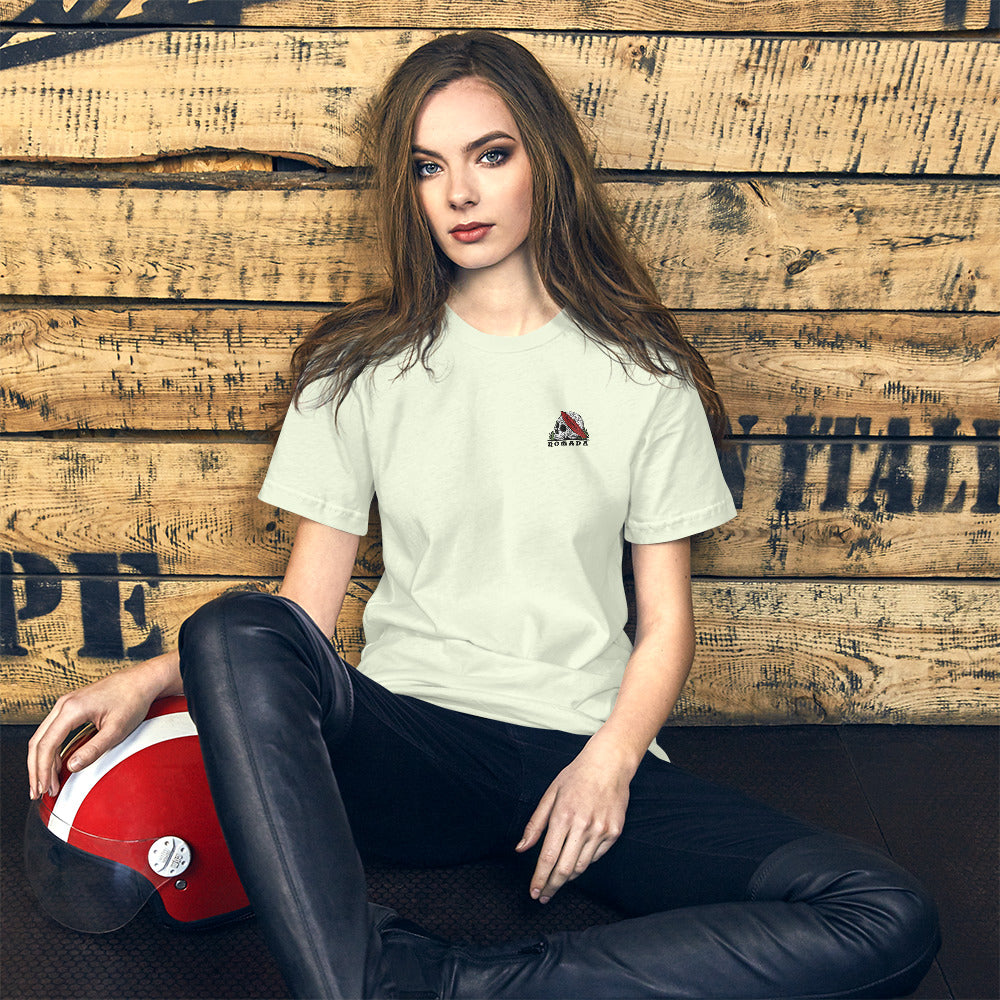 Woman wearing NOMADA Skull and Red Surfboard Embroidered T-Shirt, Citron color shirt