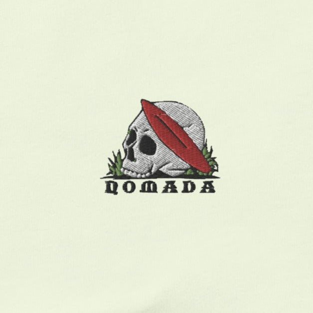 NOMADA Skull and Red Surfboard Embroidered T-Shirt, Citron color shirt
