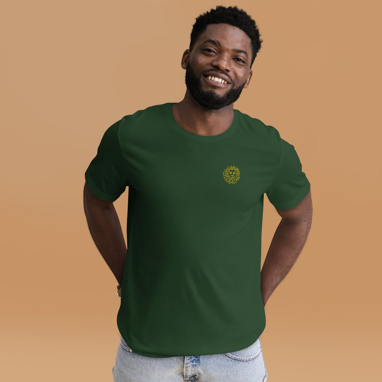 Man wearing NOMADA Poseidon Beard Embroidered T-shirt, Forest Green color shirt