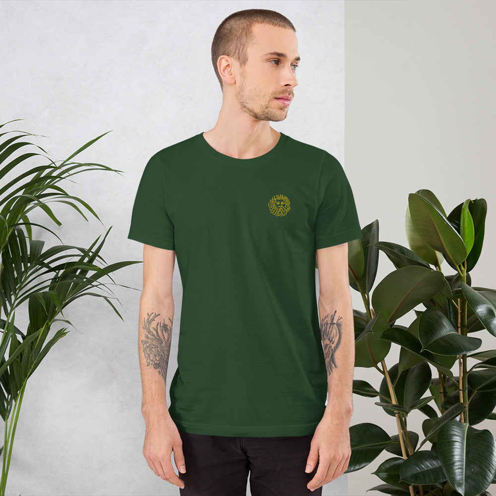 Man wearing NOMADA Poseidon Beard Embroidered T-shirt, Forest Green color shirt