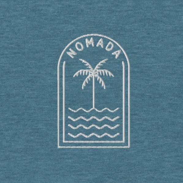 NOMADA Palm Tree Lines embroidered T-Shirt, Heather Deep Teal color shirt