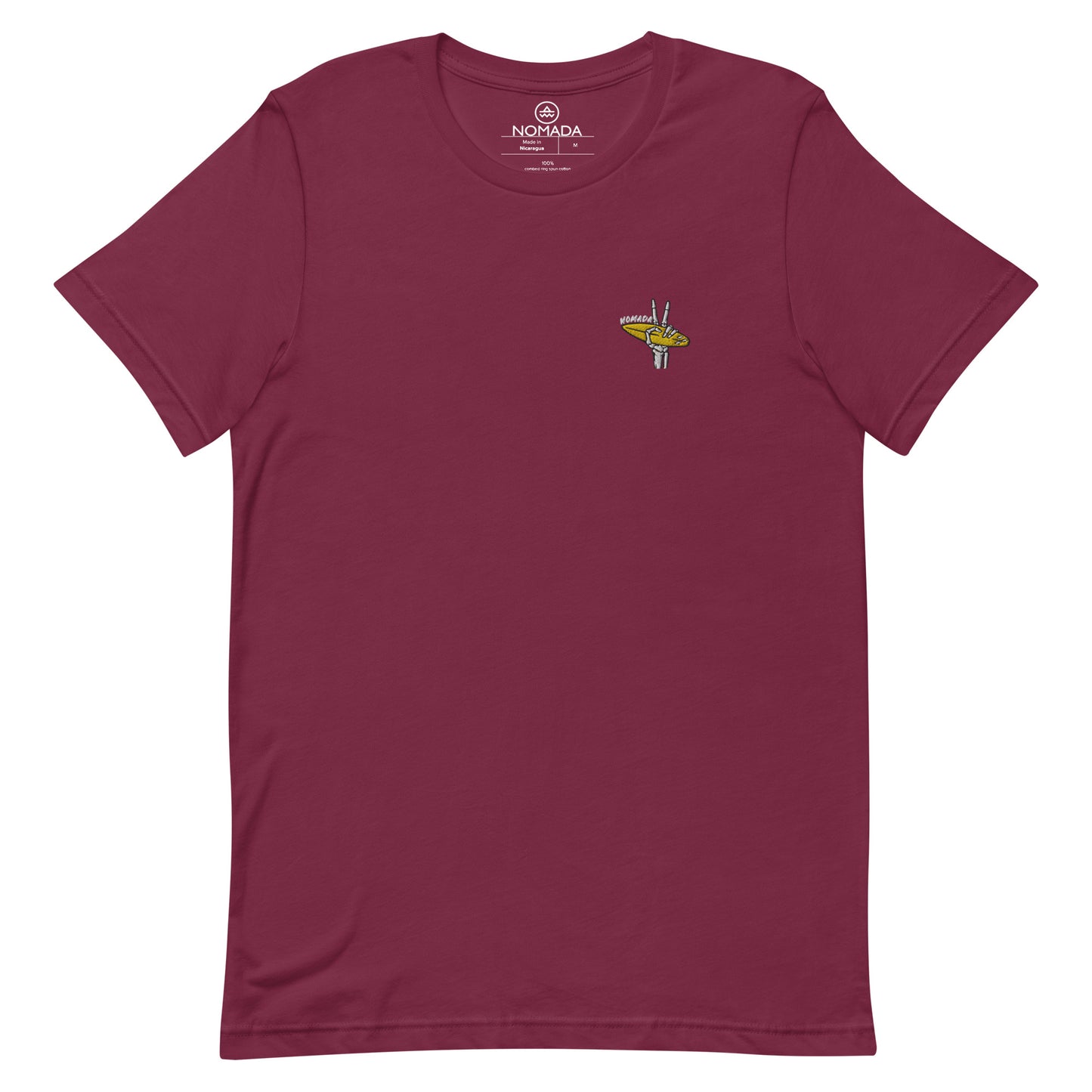 NOMADA Skeleton Hand Showing Peach Sign while holding a Surfboard embroidered T-Shirt, Maroon color shirt