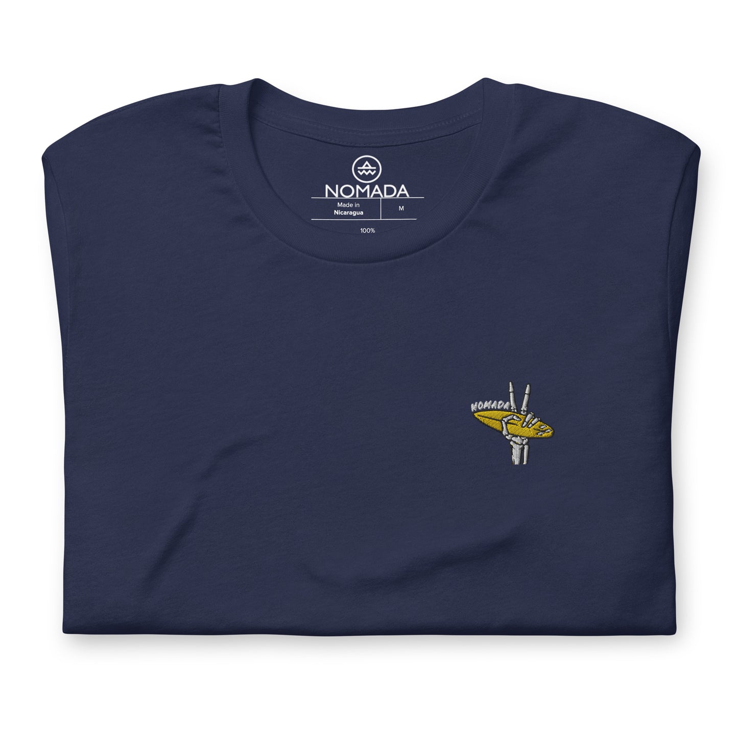 NOMADA Skeleton Hand Showing Peach Sign while holding a Surfboard embroidered T-Shirt, Navy Blue color shirt